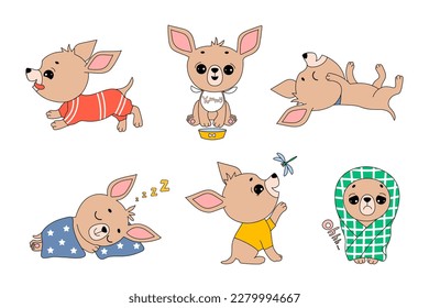 Vector cartoon children's set of cute little chihuahua. Character design, different poses and mood. Set for stickers, print, templates for kids