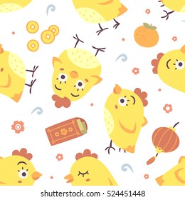 vector cartoon chinese new year of rooster seamless pattern