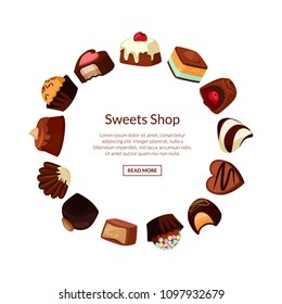 Vector cartoon chocolate candies in circle form with place for text in center illustration