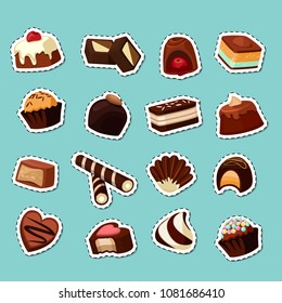 Vector cartoon chocolate candies stickers set