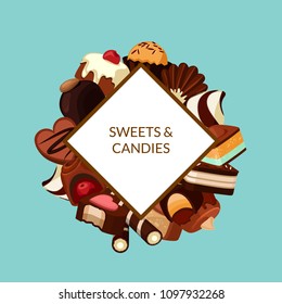 Vector cartoon chocolate candies under romb with place for text illustration