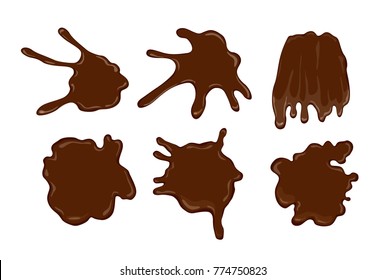 Caricatura vectorial gotas de chocolate y manchas aisladas en fondo blanco