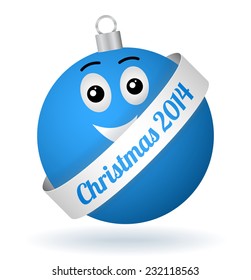 vector cartoon christmas ball with face and silver ribbon