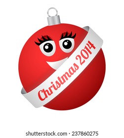 vector cartoon christmas ball with face and silver ribbon