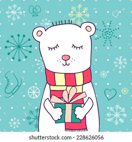 Vector cartoon Christmas cute illustration with Teddy bear and present. Perfect for greeting cards, backgrounds. 