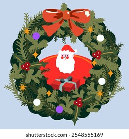 Vector cartoon Christmas door wreath with Santa Claus character and red gift box. Christmas wreath with balls, pine, holly, berries and red bow. Decorative design element for winter holiday