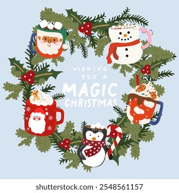 Vector cartoon Christmas door wreath with different hot winter beverages. Wishing you a Merry Christmas. Decorative design element for winter holiday, poster, banner, print