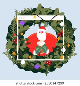 Corona de la puerta de Navidades de dibujos animados de Vector con el personaje de Santa Claus. Corona de Navidades con bolas, pino, acebo y guirnalda. Elemento de diseño decorativo para vacaciones de invierno