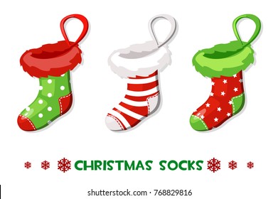 Vector Cartoon Christmas green and red socks, New Year symbols