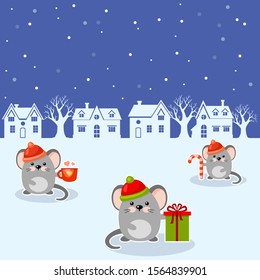 Vector cartoon christmas illustration with three mice with a cup, a present and a candy in front of the silhouettes of houses and trees on a blue background. New Year card. Cute holiday 