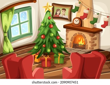 Vector cartoon Christmas living room interior with a fir-tree, a fireplace, armchairs, and snowfall outside the window.