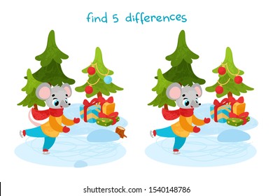 Vector cartoon christmas mouse in children's style. Vector illustrations for children books. Find 5 differences. Educational game for children. 