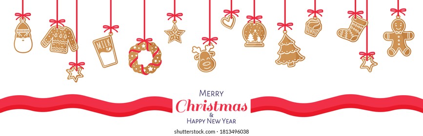Vector cartoon Christmas or New Year banner of gingerbread with white icing: Santa, sweater, star, milk, wreath, deer, heart, tree on a white background for packaging, cards, posters, sites, etc.