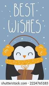 Vector cartoon Christmas and New Year greeting cards with a cute penguin holding a small present. Hand lettering Best wishes