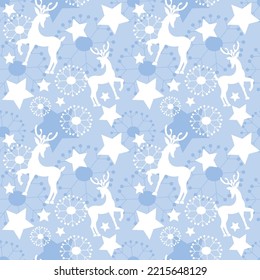 Vector cartoon christmas pattern with deer, snowflakes in Scandinavian style for fabrics, paper, textile, gift wrap isolated on white background for cute postcard