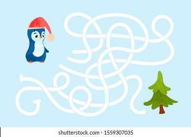 Vector cartoon christmas penguin and christmas tree. Vector illustrations for children books. Labyrinth. Educational game for children. 