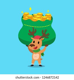 Vector cartoon christmas reindeer carrying big money bag for design.