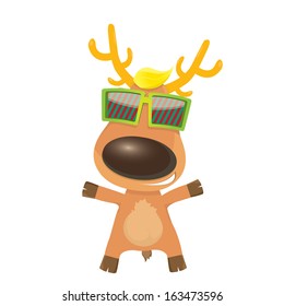 vector cartoon Christmas reindeer character. kids merry Christmas illustration. postcard and greeting card design. hipster reindeer with sunglasses and stylish hairstyle