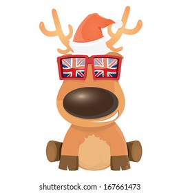 vector cartoon Christmas reindeer character. kids merry Christmas illustration. postcard and greeting card design. hipster reindeer with sunglasses and Santa red hat