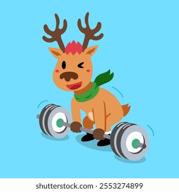 Personagem de rena de natal de desenho animado vetor fazendo treinamento de peso de barbell para design.