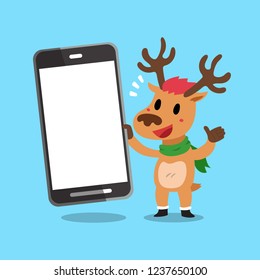 Vector cartoon christmas reindeer holding big smartphone for design.