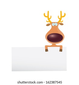 vector cartoon Christmas reindeer holding white blank banner for text . kids merry christmas illustration. postcard and greeting card design.