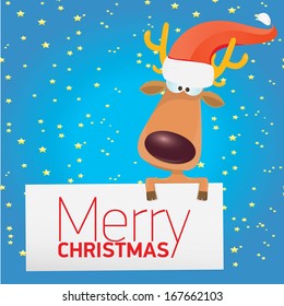 vector cartoon Christmas reindeer holding white blank banner for text . kids merry christmas illustration with reindeer. postcard and greeting card design.