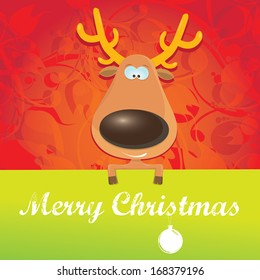 vector cartoon Christmas reindeer holding green blank banner for text . kids merry christmas illustration with reindeer. postcard and greeting card design.