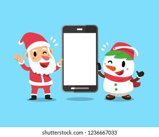 Vector cartoon christmas santa claus and snowman holding big smartphone for design.