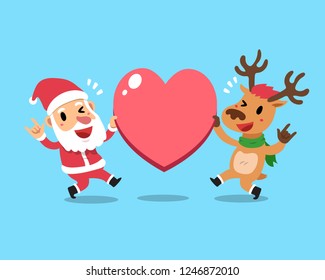 Vector cartoon christmas santa claus and reindeer with big heart sign for design.