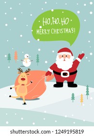 Vector Cartoon Christmas of Santa Claus laughing Ho Ho Ho with Merry Christmas with Snowman and Reindeer, illustration Happy new year or Christmas greeting card, banner and template