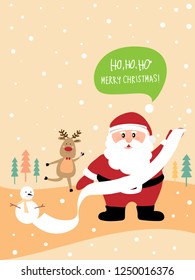 Vector Cartoon Christmas of Santa Claus laughing Ho Ho Ho with Merry Christmas with Snowman and Reindeer, illustration Happy new year or Christmas greeting card, banner and template