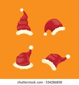vector cartoon christmas Santa Claus red hat icons set isolated on orange background. Happy New Year 2016 symbol collection . vector Merry Christmas decoration design elements