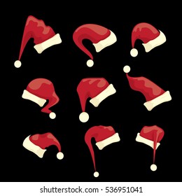 vector cartoon christmas Santa Claus red hat icons set isolated on black background. Happy New Year 2016 symbol collection . vector Merry Christmas decoration design elements