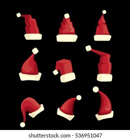 vector cartoon christmas Santa Claus red hat icons set isolated on black background. Happy New Year 2016 symbol collection . vector Merry Christmas decoration design elements