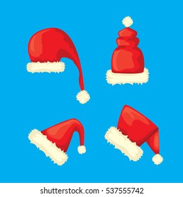vector cartoon christmas Santa Claus red hat icons set isolated on blue background. Happy New Year 2016 symbol collection . vector Merry Christmas decoration design elements