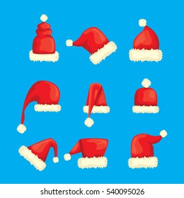 vector cartoon christmas Santa Claus red hat icons set isolated on blue background. Happy New Year 2016 symbol collection . vector Merry Christmas decoration design elements