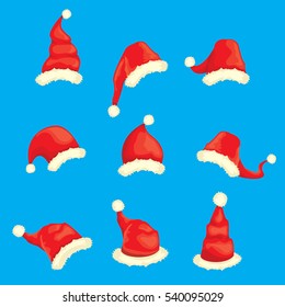vector cartoon christmas Santa Claus red hat icons set isolated on blue background. Happy New Year 2016 symbol collection . vector Merry Christmas decoration design elements