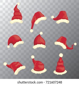 vector cartoon christmas Santa Claus red hat icons set isolated on transparent background. Happy New Year 2018 symbol collection . vector Merry Christmas decoration design elements