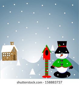 Vector Cartoon Christmas Scene With A Cabin, A Nest Box And A Snowman