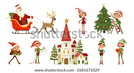 Vector cartoon Christmas set with Santa in sleigh, reindeer, cheerful elves and festive fairy house. Cute holiday characters decorate Christmas tree, run, smile. Collection for card, banner, sticker