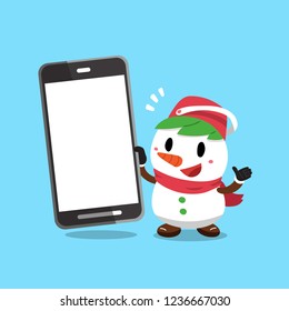 Vector cartoon christmas snowman holding big smartphone for design.