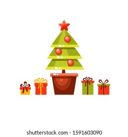 Vector cartoon christmas tree decorated with balls and a star standing in a pot with red, green ad yellow gift boxes around. Cute holiday card