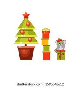 Vector cartoon christmas tree decorated with balls and a star standing in a pot with red, green and yellow gift boxes and a mose in a hat on a present. Cute holiday card