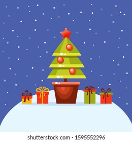 Vector cartoon christmas tree decorated with balls and a star standing in a pot with red, green and yellow gift boxes around in front of the night blue sky and snow. Cute holiday winter card