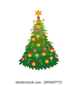 Vector cartoon christmas tree decorated with ball toys, garlands, golden star at top and glowing candles Xmas, new year holiday tree, symbol winter holidays