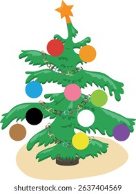 Vector cartoon Christmas tree decorated with glass ornaments, isolated on white background.