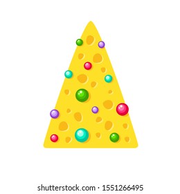 Vector cartoon christmas tree made of piece of cheese decorated with bright red, green, blue and violet balls. Yellow new year tree. Cute holiday card