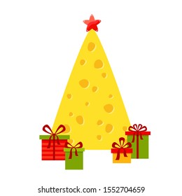 Vector cartoon christmas tree made of piece of cheese decorated with bright red star and with presents below. Yellow new year tree with gift boxes. Cute holiday card