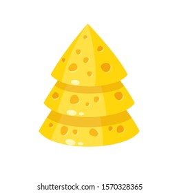 Vector cartoon christmas tree made of piece of cheese. Yellow new year tree. Cute holiday card. Decoration element